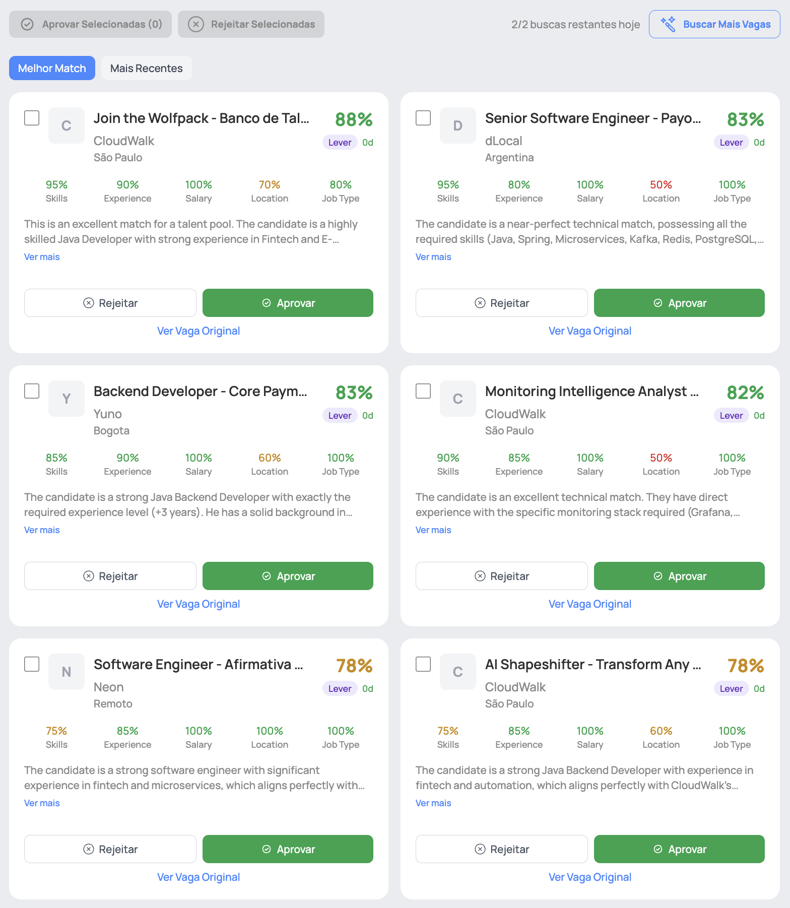Job matching cards with AI compatibility scores — CloudWalk 88%, dLocal 83%, Yuno 83%