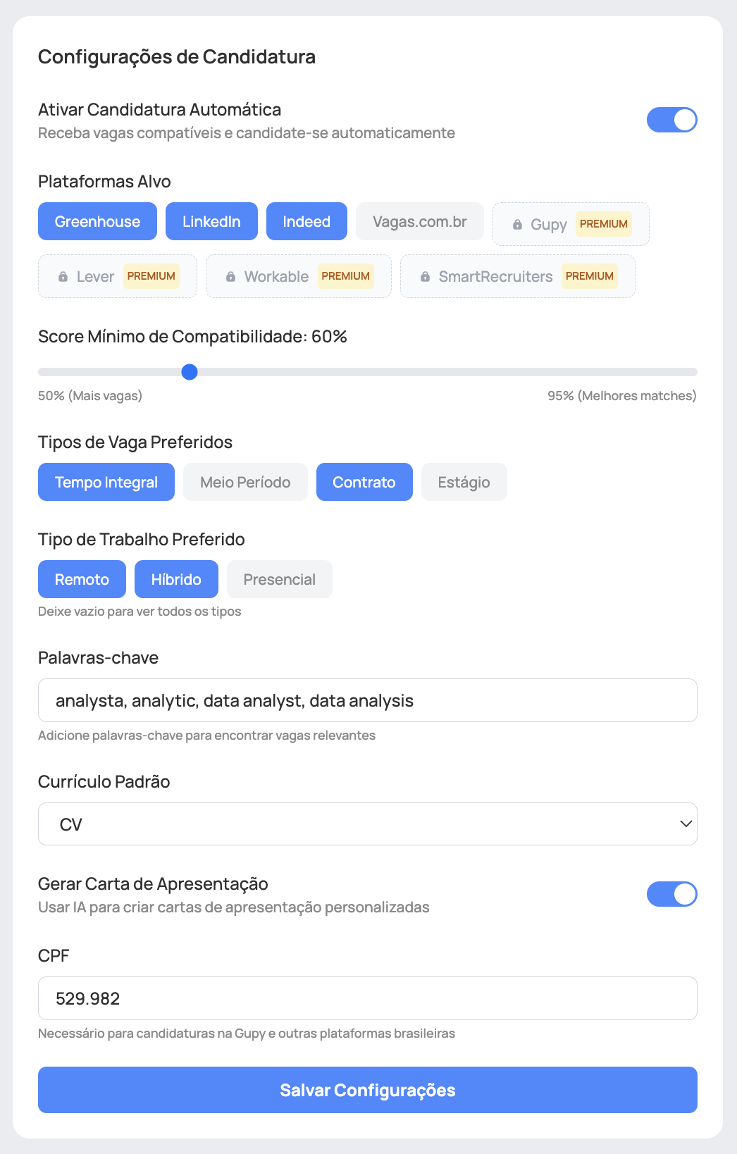 Auto-apply settings — platforms, job types, keywords, match score configuration